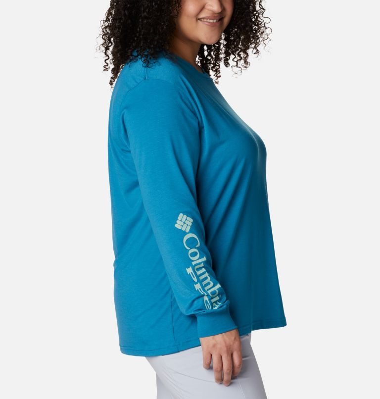 Women's Columbia PFG Slack Water Graphic Long Sleeve Sweatshirts Blue | Plus Size CA-YC34A